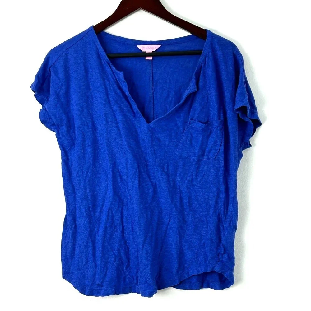 Lilly Pulitzer Shirt Women Medium Blue Linen Split Neck Cap Sleeve Pocket 1379T1 - Picture 3 of 10